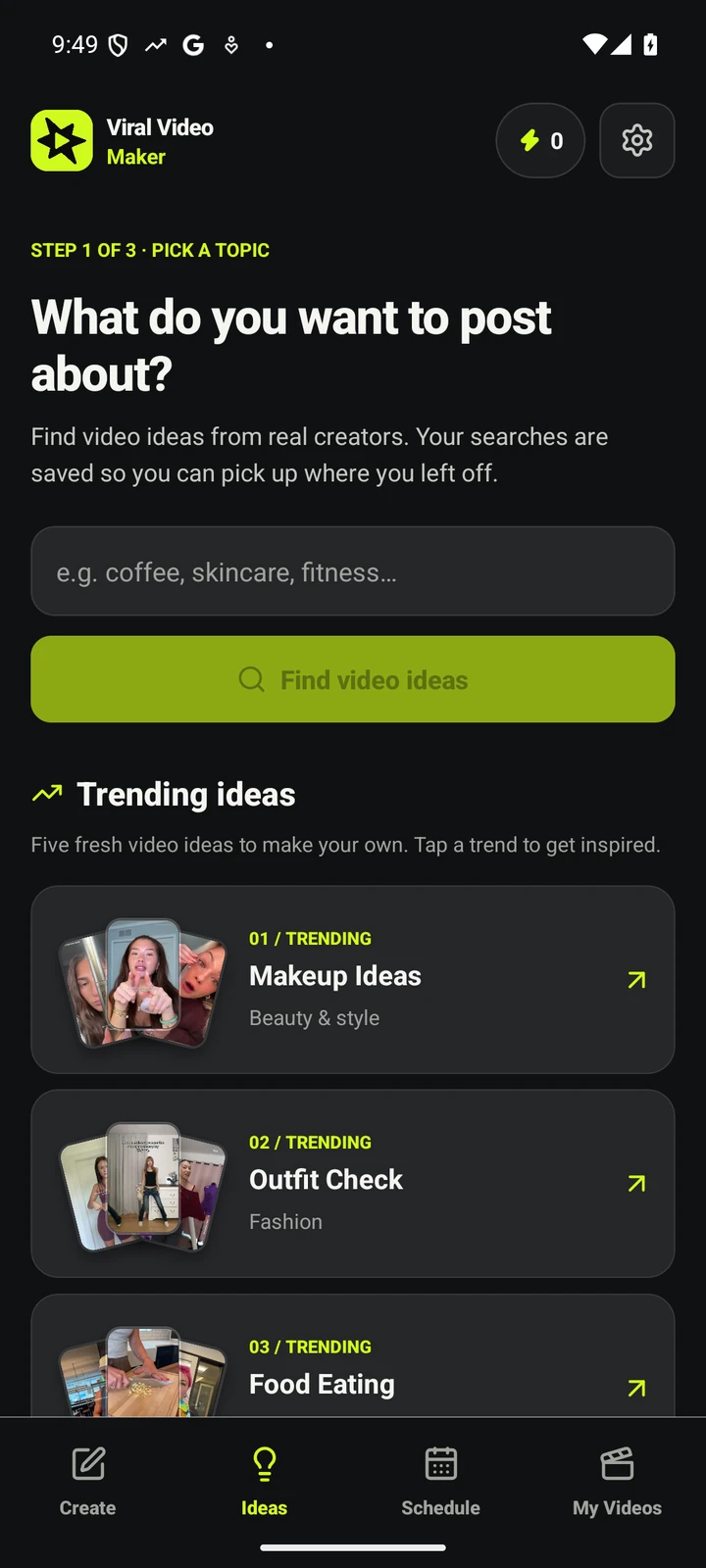 The latest Android Ideas screen with thumbnail previews for trending videos